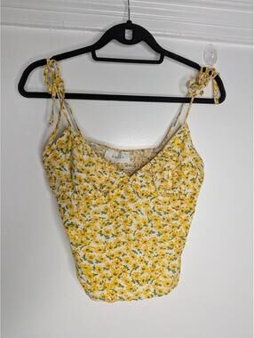 Bacio Tank Top Womens Large Yellow Floral V Neck Tie Strap Camisole Summer